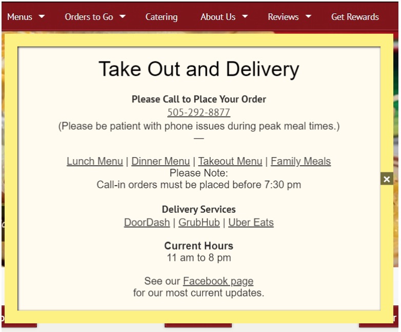 Example of COVID update on restaurant website