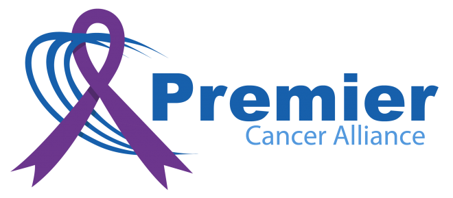 Logo for Premier Cancer Alliance, a purple ribbon intermixed with the 3 organic "C" shapes of Premier Diagnostic Imaging