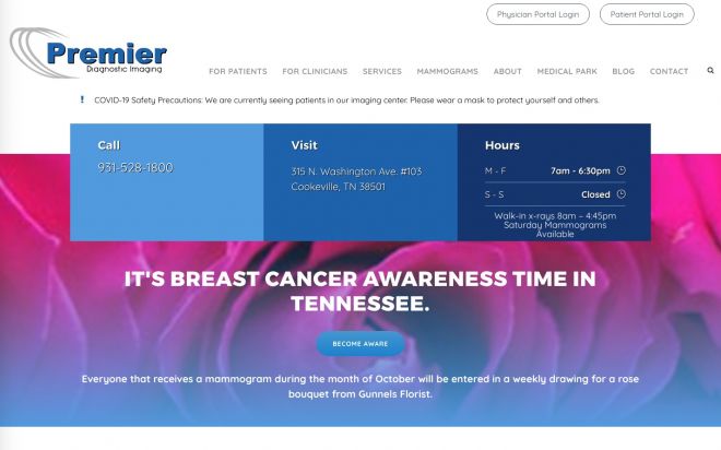 Home page for Premier Diagnostic Imaging during a breast cancer awareness campaign